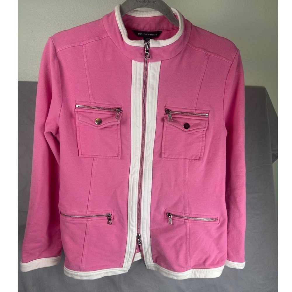 Boston Proper Pink Sport Utility Jacket Contrast Trim Full Zip Large Barbiecore